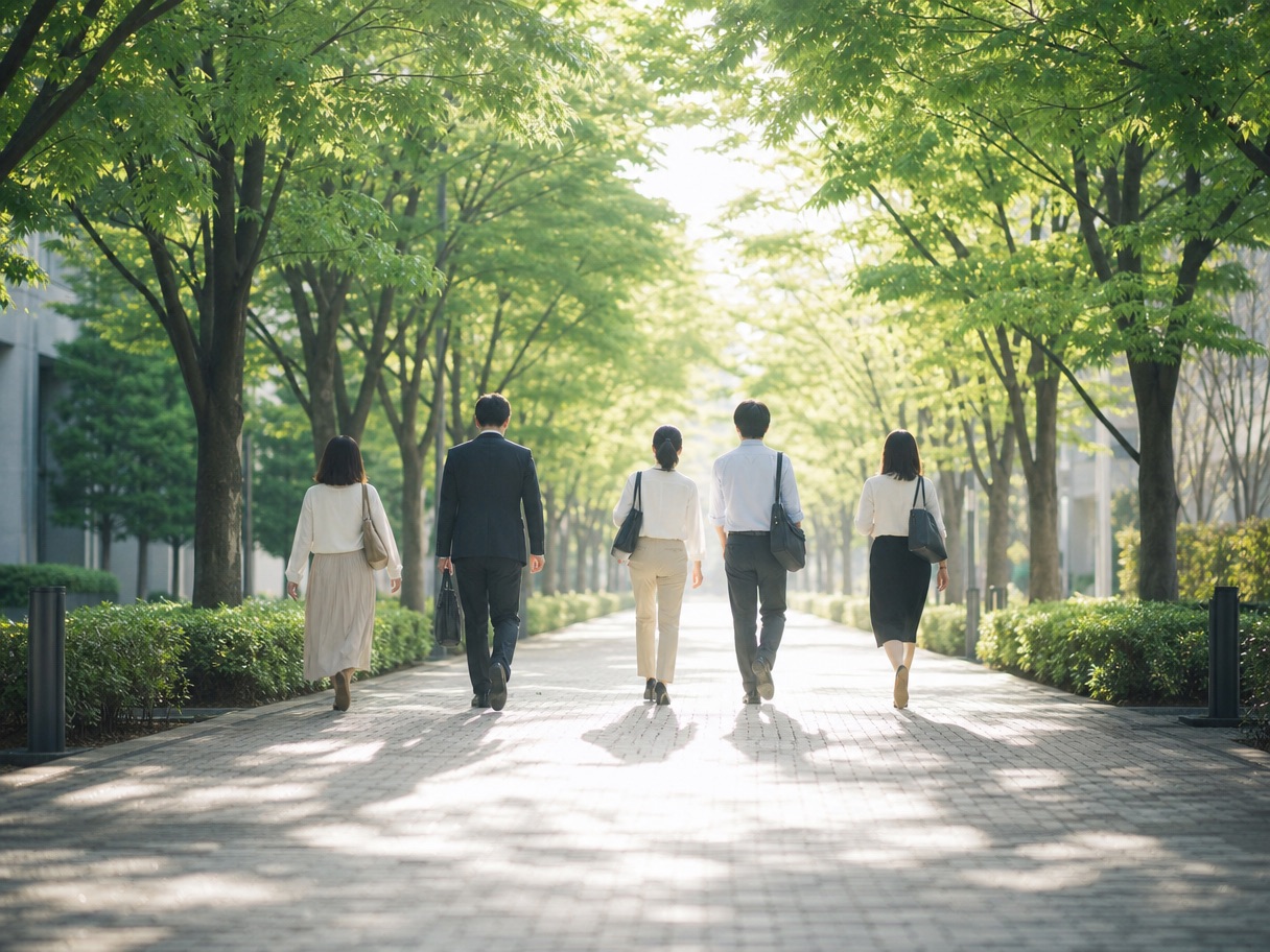 新緑の並木道を同じ方向へ歩く人たち（イメージ）